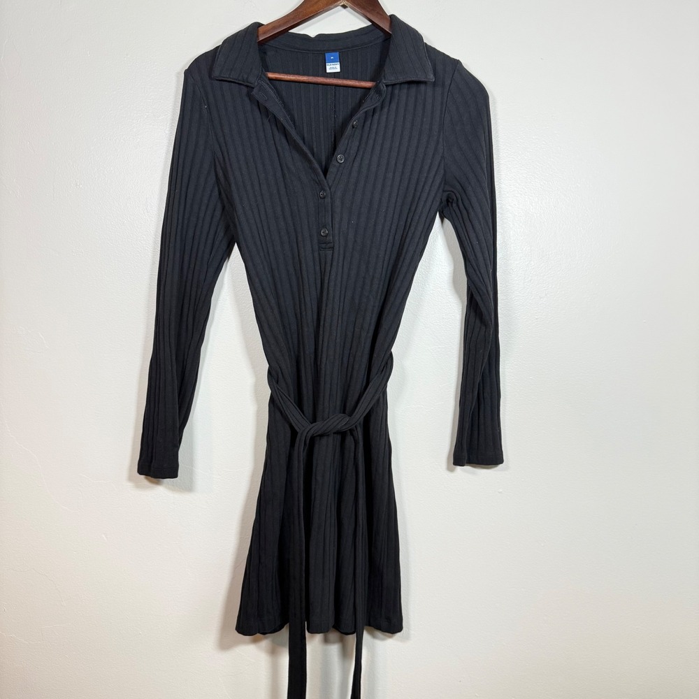 Old Navy Ribbed Knit Long Sleeve Tie Waist Henley Mini Dress Size Medium Black